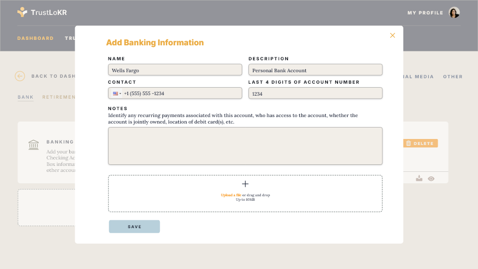 Adding banking information inside the TrustLoKR app